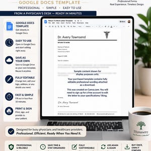 May include: A digital Google Docs template for a physician return to work letter displayed on a laptop screen. The document features a medical caduceus symbol, placeholder text for patient details, and a professional layout for healthcare providers.