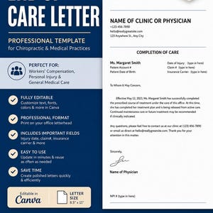 May include: A professional medical template for an End of Care Letter, featuring a dark blue sidebar with white text and a white document area. The layout includes fields for clinic information, patient details, and a formal letter body, all editable in Canva.
