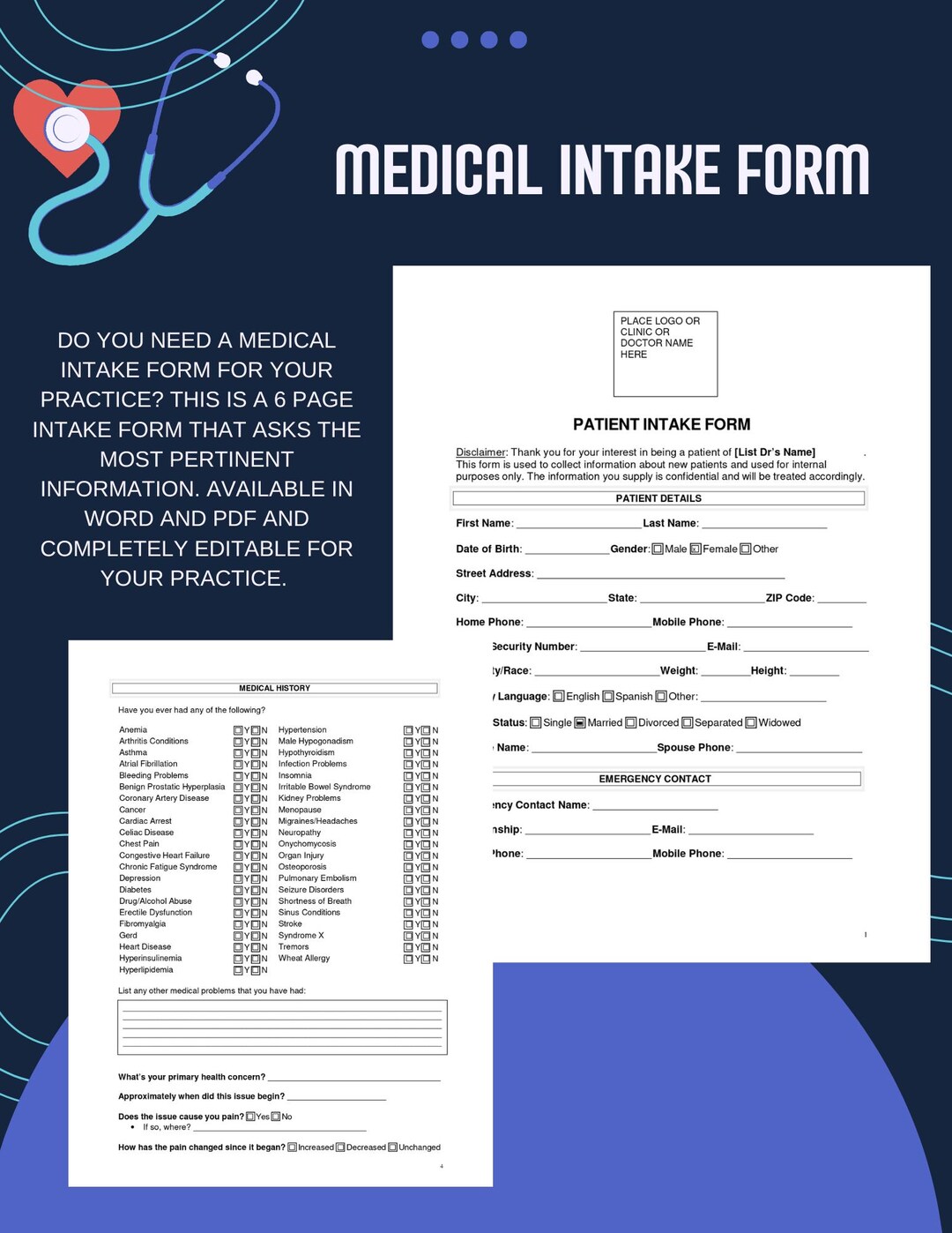 Medical Intake Form in PDF & Word Editable/fillable - Etsy Australia