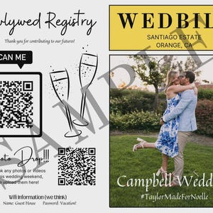 Könnte beinhalten: Hochzeitsanzeige mit dem Text "Newlywed Registry" und "Wedbill". Die Anzeige enthält ein Foto eines sich umarmenden Paares, Sektgläser und QR-Codes. Der Text "Campbell Wedding" ist ebenfalls vorhanden.