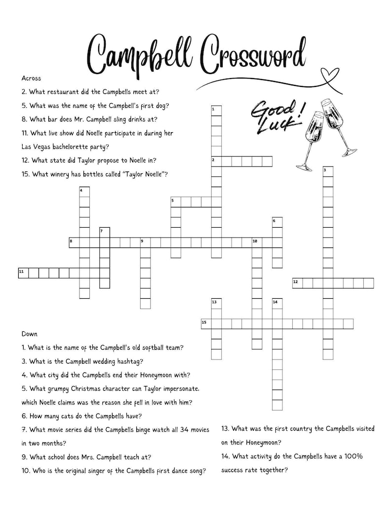 Wedding Crossword Puzzle MADE TO ORDER Etsy