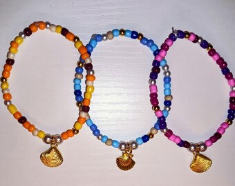 Shell Seed Bead Bracelets- Pink, Blue, and Yellow