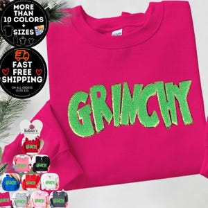 Grinchy Chenille Patch Sweatshirt or Hoodie – Cozy Christmas Crewneck