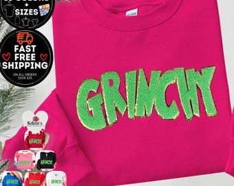 Grinchy Chenille Patch Sweatshirt or Hoodie – Cozy Christmas Crewneck