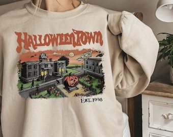 Camiseta o sudadera de Halloweentown: Sudadera con cuello redondo y estampado vintage de Halloween.