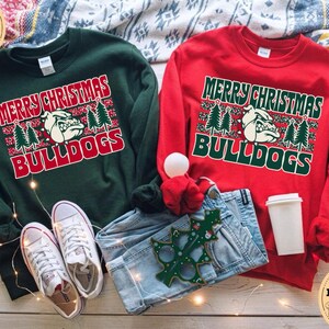 Merry Christmas Bulldogs Sweatshirt | Bulldogs Holiday Crewneck, Festive Bulldog Design Forrest Green