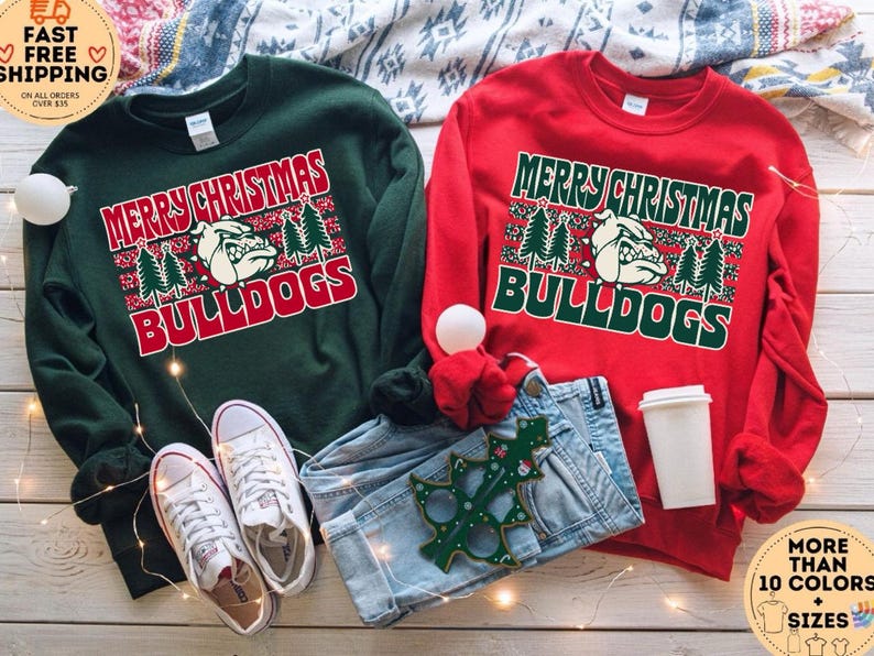 Merry Christmas Bulldogs Sweatshirt | Bulldogs Holiday Crewneck, Festive Bulldog Design Forrest Green