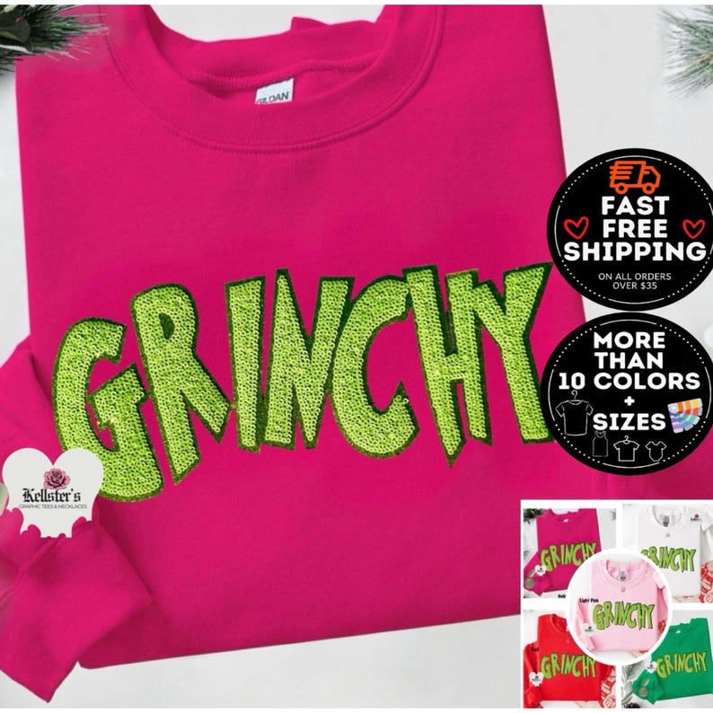 Grinchy Green Sequin Christmas Sweatshirt or Hoodie - Cozy Holiday Crewneck