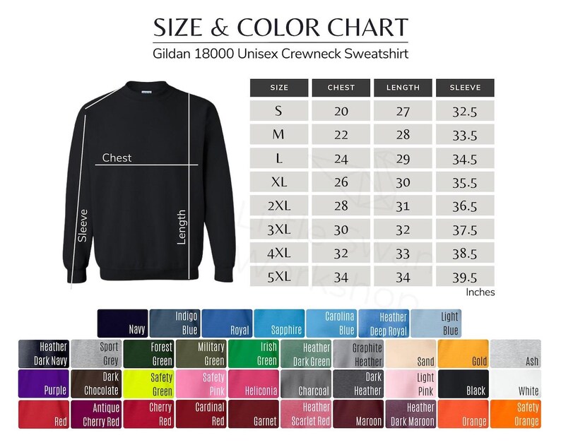 Puede incluir: Una sudadera negra unisex Gildan 18000 con una tabla de tallas y colores. La tabla muestra las medidas de pecho, largo y manga en pulgadas, junto con una paleta de colores que incluye azul marino, morado y rojo.
