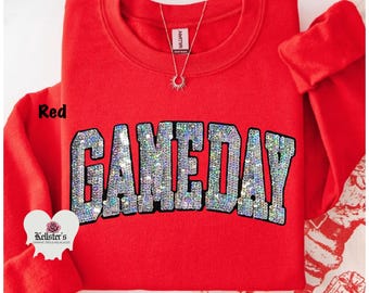 Sudadera con lentejuelas para el día del juego, cuello redondo, letras de lentejuelas, camiseta universitaria para portón trasero
