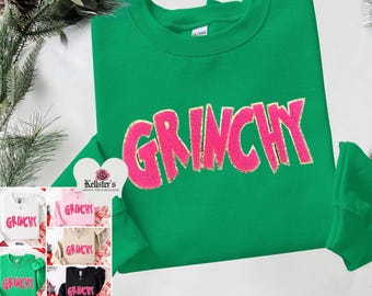 Grinchy Pink Chenille Christmas Sweatshirt: Chenille Patch Holiday Pullover