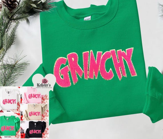Grinchy Pink Chenille Christmas Sweatshirt: Chenille Patch Holiday Pullover
