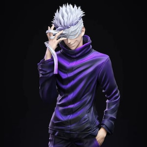 May include: A figurine of a character with spiky white hair and a blindfold, wearing a purple jacket and trousers. The character is smiling and holding the blindfold with one hand. The background is black.