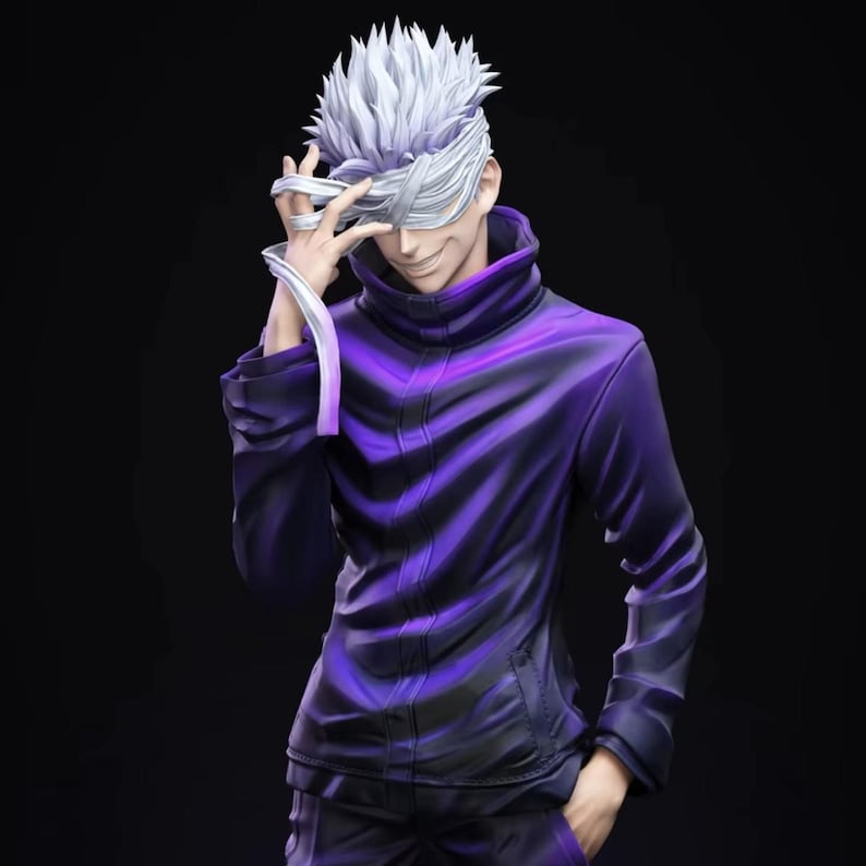 May include: A figurine of a character with spiky white hair and a blindfold, wearing a purple jacket and trousers. The character is smiling and holding the blindfold with one hand. The background is black.
