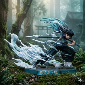 Könnte beinhalten: Detaillierte Figur eines Charakters aus der Anime-Serie Demon Slayer. Die Figur ist in einer dynamischen Actionpose dargestellt und schwingt ein Katana. Die Figur hat lange schwarze Haare mit blauen Highlights und ist von einem stilisierten Wolkeneffekt umgeben. Die Basis ist eine blaue Plattform.