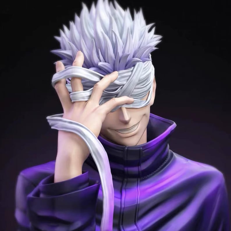 May include: A detailed figure of a character with spiky white hair and a white blindfold covering the eyes. The character wears a purple jacket with a high collar and a subtle smile. The figure is set against a dark background.