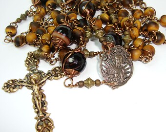 Catholic rosary,Sacred Heart of Jesus rosary, gemstone rosary, rosary,tigers eye,Abundant GRace,free shipping,bronze and brass components