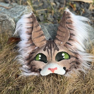 May include: A cat mask with brown and white fur, green eyes, and a pink nose. The mask has pointed ears with brown stripes and is lying on dry grass.