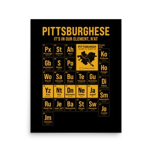 May include: Black poster with gold text and a periodic table-style design. The title reads "Pittsburghese, It's in Our Element, N'at." Each element represents a Pittsburgh term, with a map of Pittsburgh.