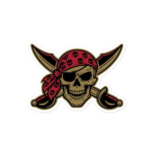 May include: A sticker featuring a pirate skull wearing a red bandana with skull patterns and an eye patch. Two crossed swords with gold blades and red handles are behind the skull. The skull is tan with black eye sockets and teeth.