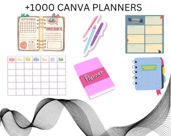 May include: An image featuring various planner designs and elements. The image includes a monthly calendar, a weekly planner, and several notebooks. Text at the top reads "37000 PAGES WITH RESELL RIGHTS +1000 CANVA PLANNERS".