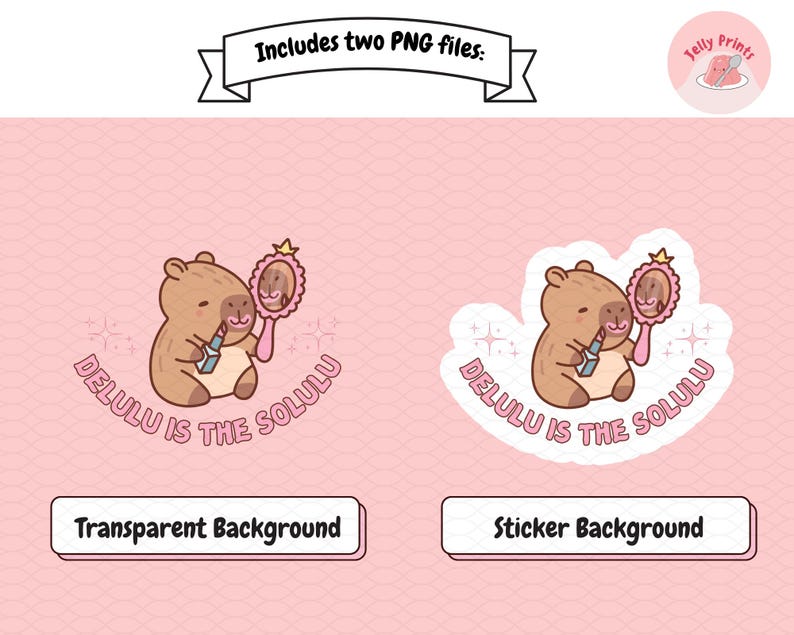 May include: Two sticker designs featuring a cartoon capybara wearing lipstick and looking in a mirror. The text "DELULU IS THE SOLULU" is written in a pink circle around the capybara. One design has a transparent background and the other has a sticker background.