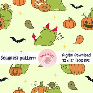 May include: A seamless pattern featuring green frogs dressed in Halloween costumes, pumpkins, bats, ghosts, and candy. The pattern is on a light green background.