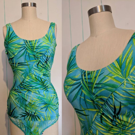 60s Palm Leaf Print Bathing Suit Size Small 6 - image 1