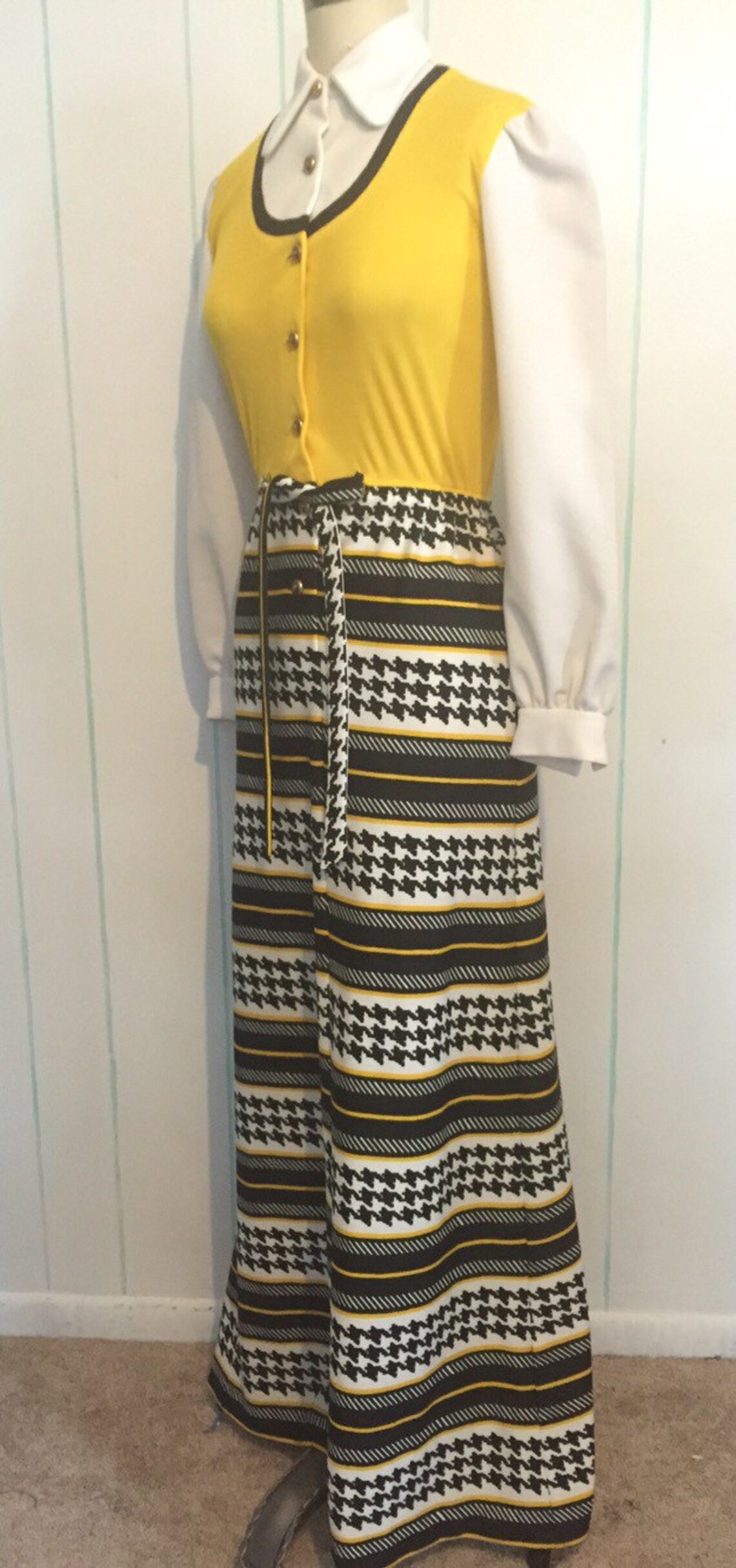 Yellow White Striped Sashes Single Breasted V-neck Flare Sleeve Elegant Boho Maxi Dress - Maxi 