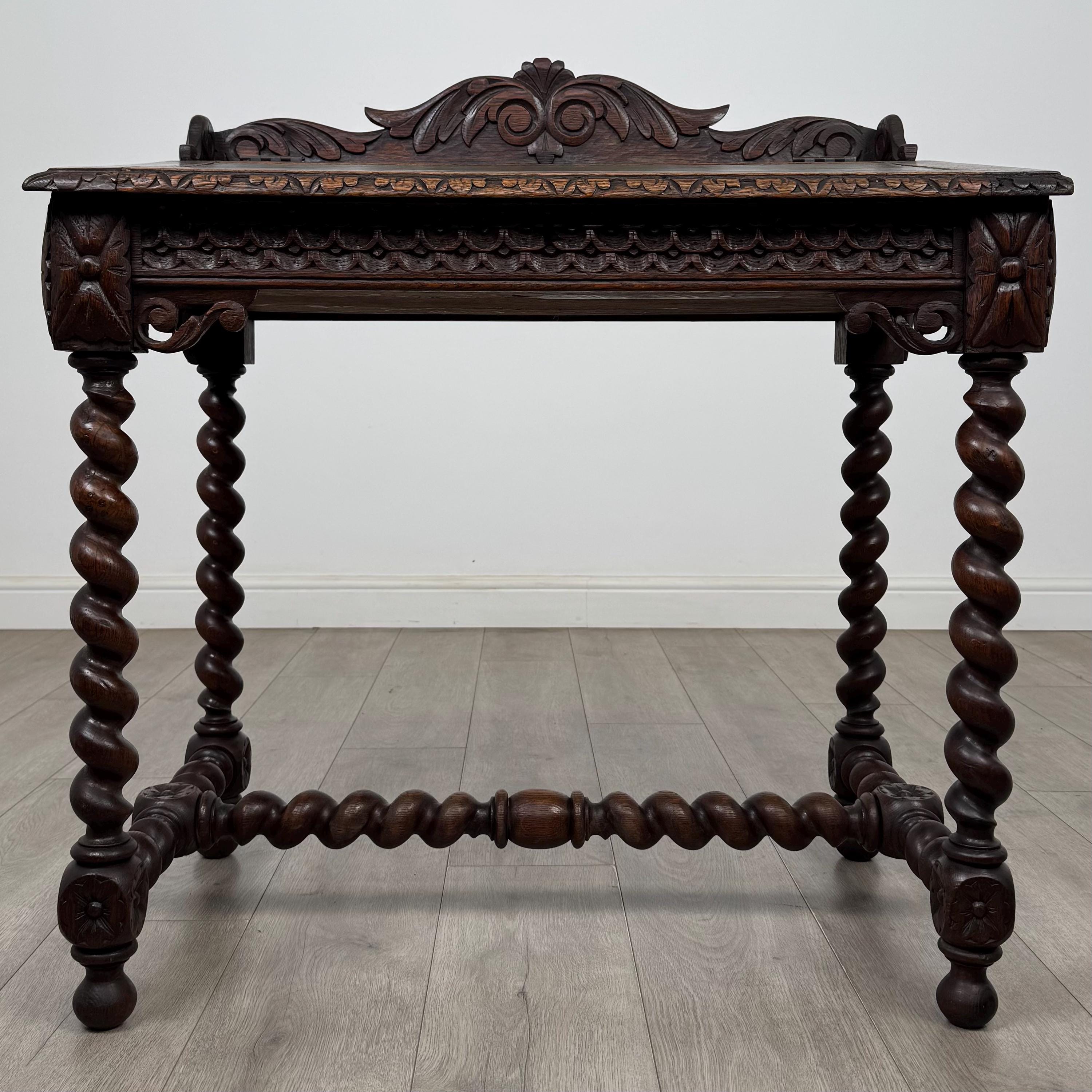Antique Victorian Carved Oak Writing Table | Barley Twist Legs