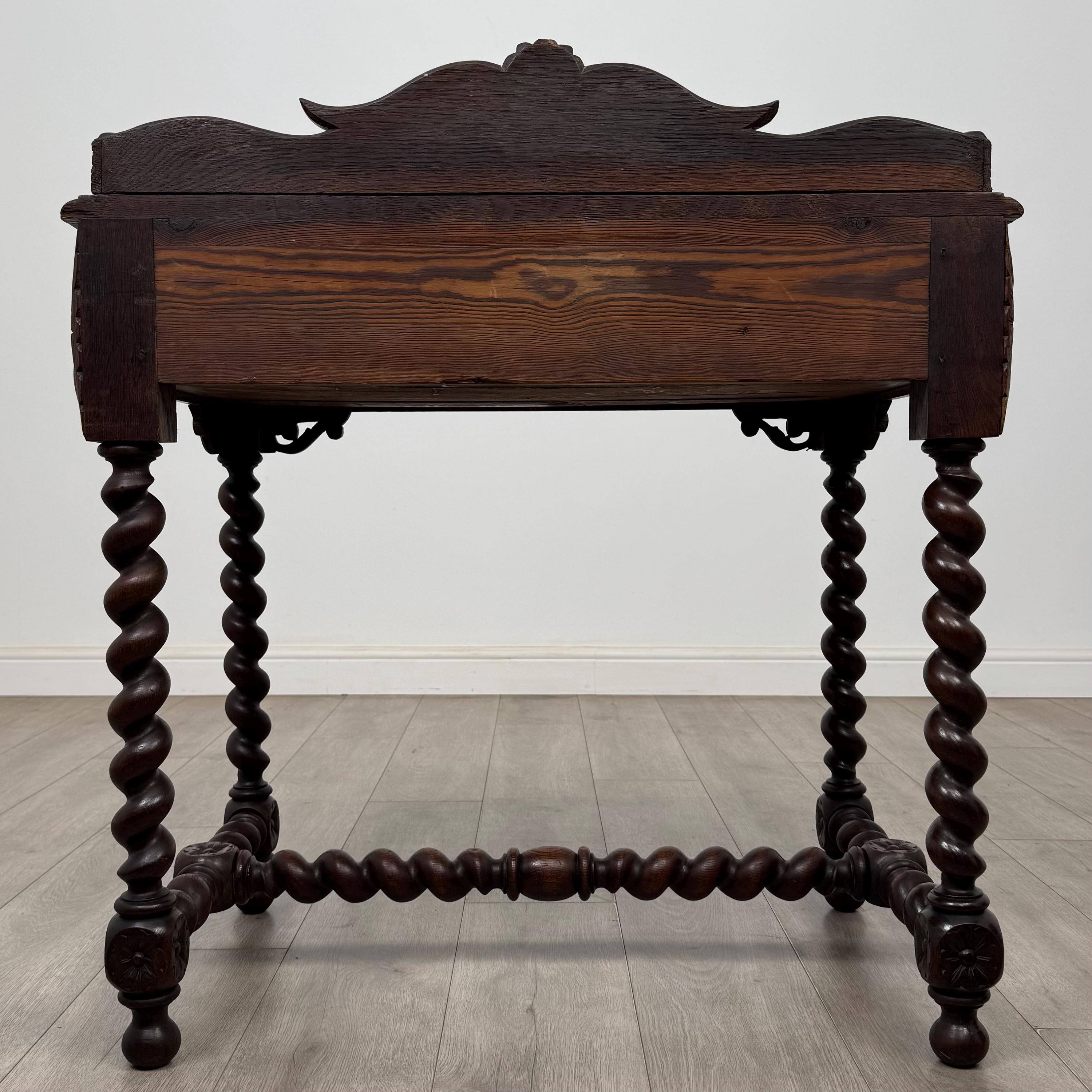 Antique Victorian Carved Oak Writing Table | Barley Twist Legs