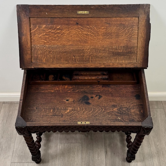 Antique Victorian Carved Oak Writing Table | Barley Twist Legs