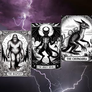 May include: Three black and white illustrations of mythical creatures. The first image shows Bigfoot, the second shows the Jersey Devil, and the third shows the Chupacabra.
