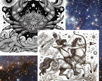 zodiac Coloring Pages for Adults Astrology Themed Printable Art- Cancer Sagittarius