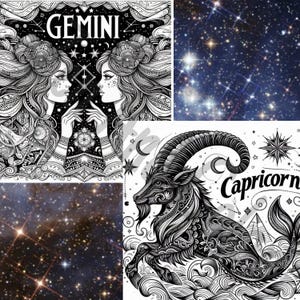 Sternzeichen Malseiten für Erwachsene Astrologie Themed Printable Art - Zwilling Taurus Widder Steinbock