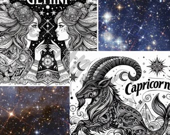 zodiac Coloring Pages for Adults Astrology Themed Printable Art- Gemini Taurus Aries Capricorn