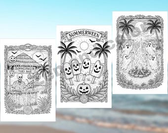 Summerween Tarot Coloring Pages Vintage Spooky Beach Art Digital Download Printable