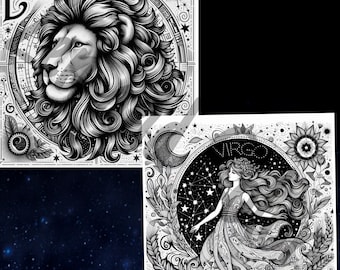 zodiac Coloring Pages for Adults Astrology Themed Printable Art- Pisces, Leo, Aquarius, Scorpio, Virgo