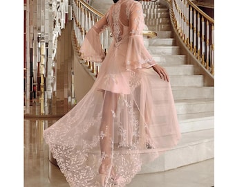 Wedding Nightgown and Robe,Powder Robe set,Satin Lace Nightgown,Bridal nightgown set,Wedding Nightgown,Satin Powder Nightgown,Pink Lace Robe