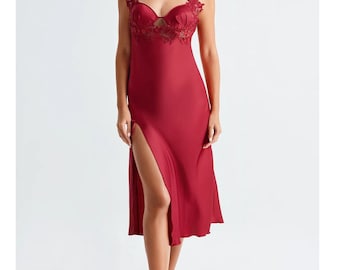 Burgundy Satin Nightgown Set,Bridal Nightgown,Wedding Robe,Lace Burgundy Nightdress,Bridal Peignoir,Bridal Shower,Burgundy Satin Lingerie