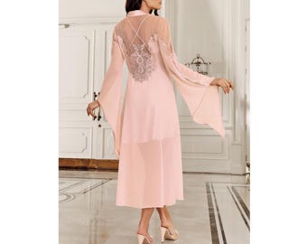 Pink Satin Bridal Nightgown Robe Set, Lace Detail