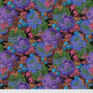 May include: A fabric with a floral pattern featuring large purple, blue, and green flowers on a black background. The design includes pink and brown leaves, and small blue berries. The pattern repeats across the fabric.