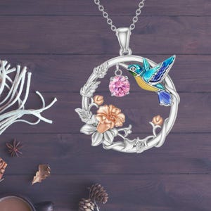 Hummingbird Necklace for Women 925 Sterling Silver Cubic Zirconia Flower Hummingbird Jewelry