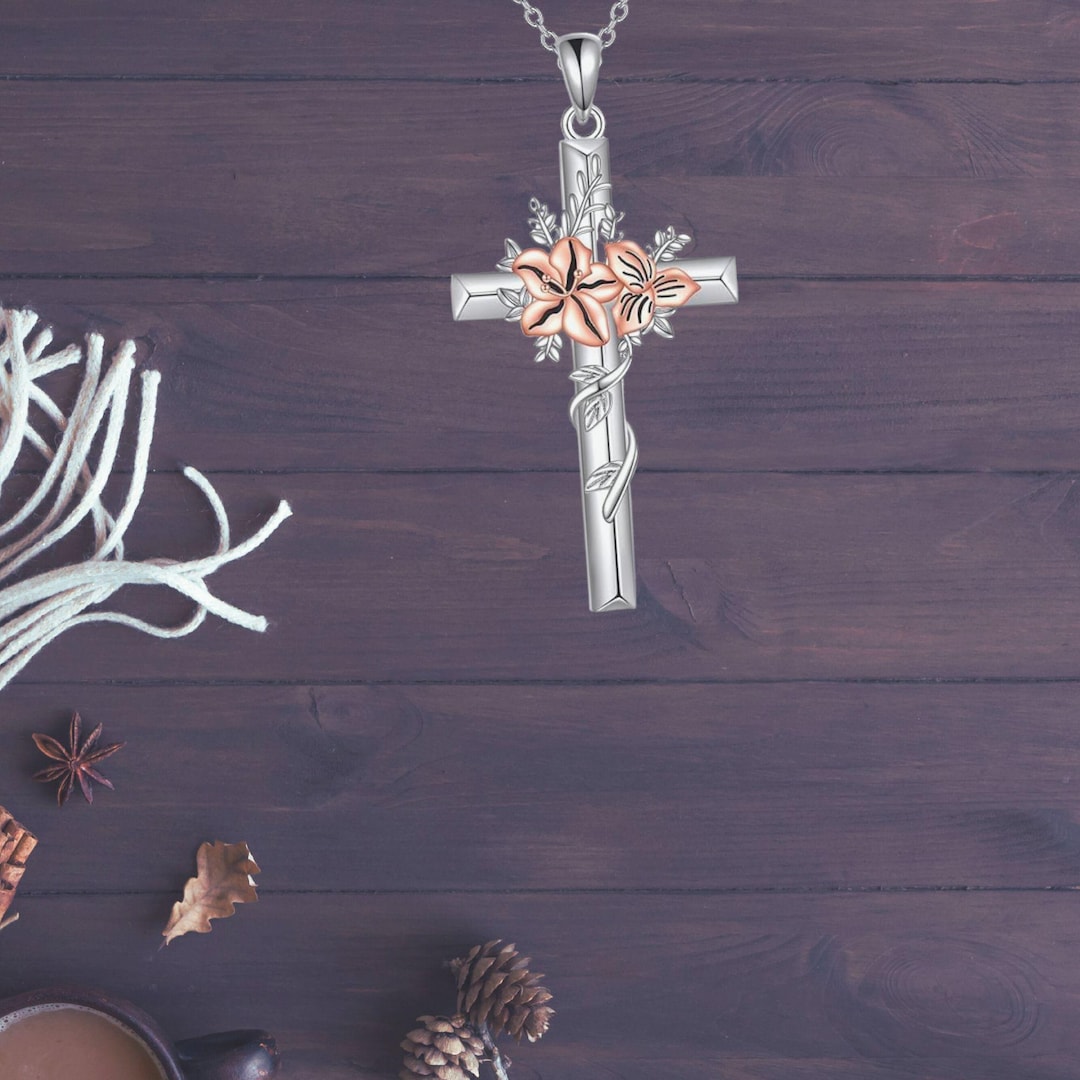 Lily Flower Cross Necklace 925 Sterling Silver Christian Jewelry for ...
