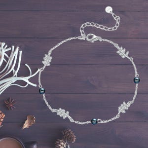 925 Sterling Silver Black Pearl Bracelet for Women Leaf Bracelet Black Pearl Jewelry Gift for Women