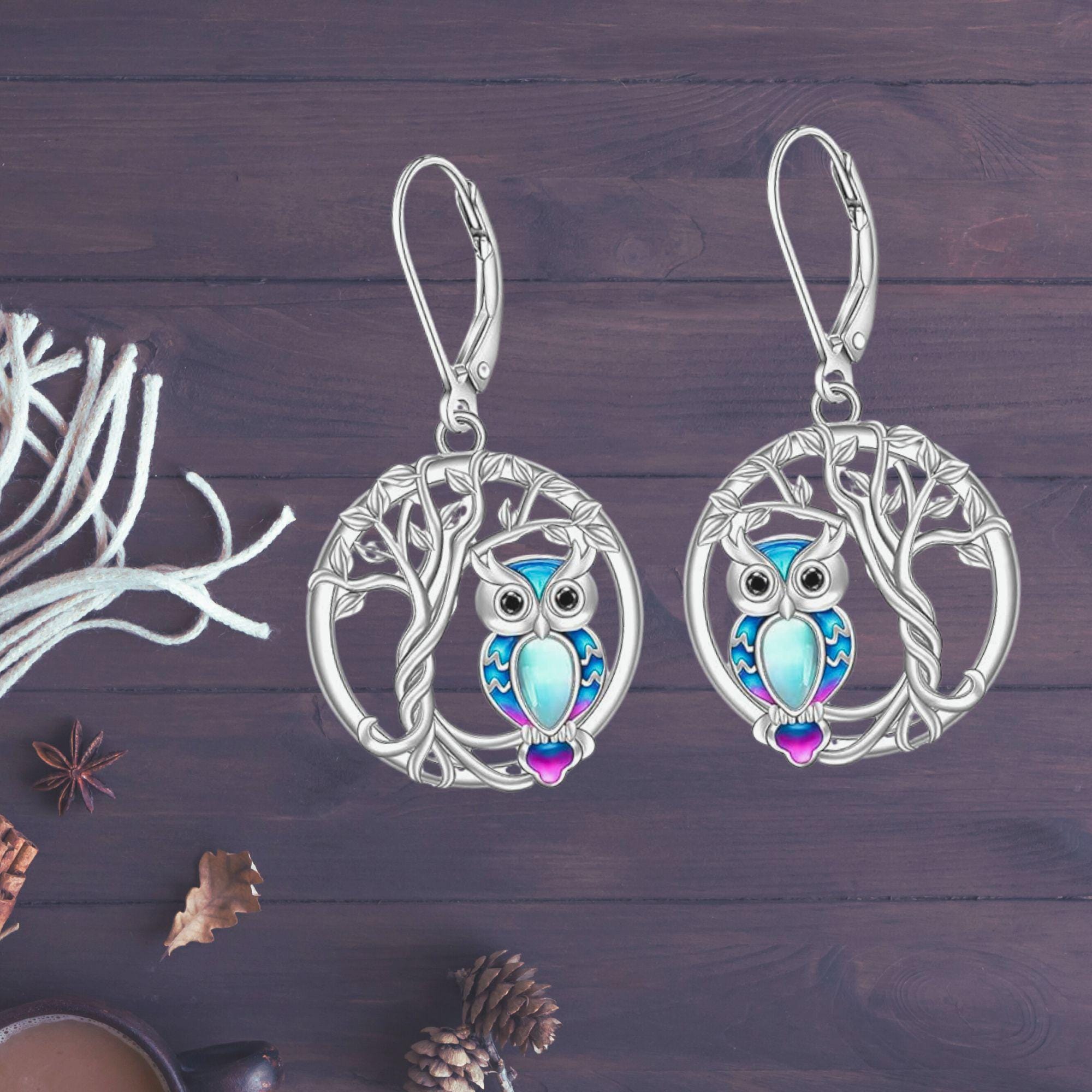 Owl Earrings 925 Sterling Silver Tree of Life Animal Dangle Drop Moonstone Earrings For Women Girls