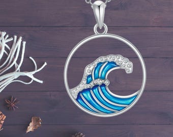 Collar con colgante de océano y olas para mujer, de plata de ley 925, redondo