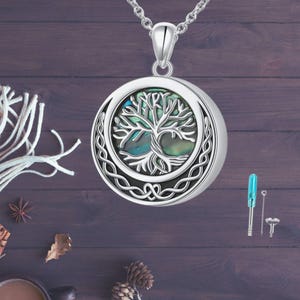 Tree of Life Celtic Urn Necklace 925 Sterling Silver Tree of Life Abalone Shell Jewelry for Women Men