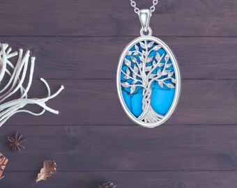 Sterlingzilveren levensboomketting, turquoise steen