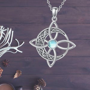 Witches Knot Necklace Women 925 Sterling Silver Moonstone Knot Pendant Celtic Jewelry for Women
